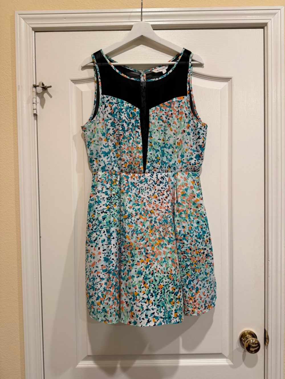 BCBGeneration Sleeveless Multicolor Confetti Print Dress with Black Yoke